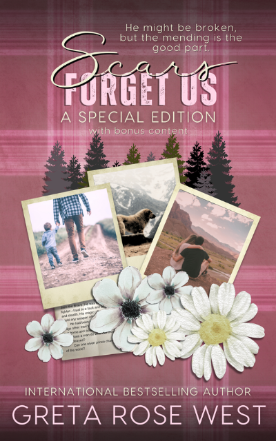 Book cover for pink book cover with white daisies, deep green fir trees, and images of a father and son walking hand in hand, a great pyrenees dog on a mountain, and a man and woman, sitting next to each other, looking out at a mountain vista. Title reads 